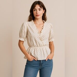 LC Lauren Conrad Cream Polka Dot Ruffle Wrap Blouse